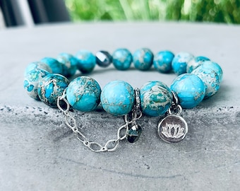 Sea sediment Jasper beaded bracelet, blue, aqua bracelet, lotus flower charm bracelet, gemstone bracelet, natural stone bracelet, Swarovski