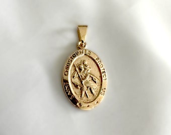 Saint Christopher Pendant, 10k Gold Pendant, Layered Chain, Simple Necklace, Engraved Design, Gold charm, Cross Charm, Gold Charm