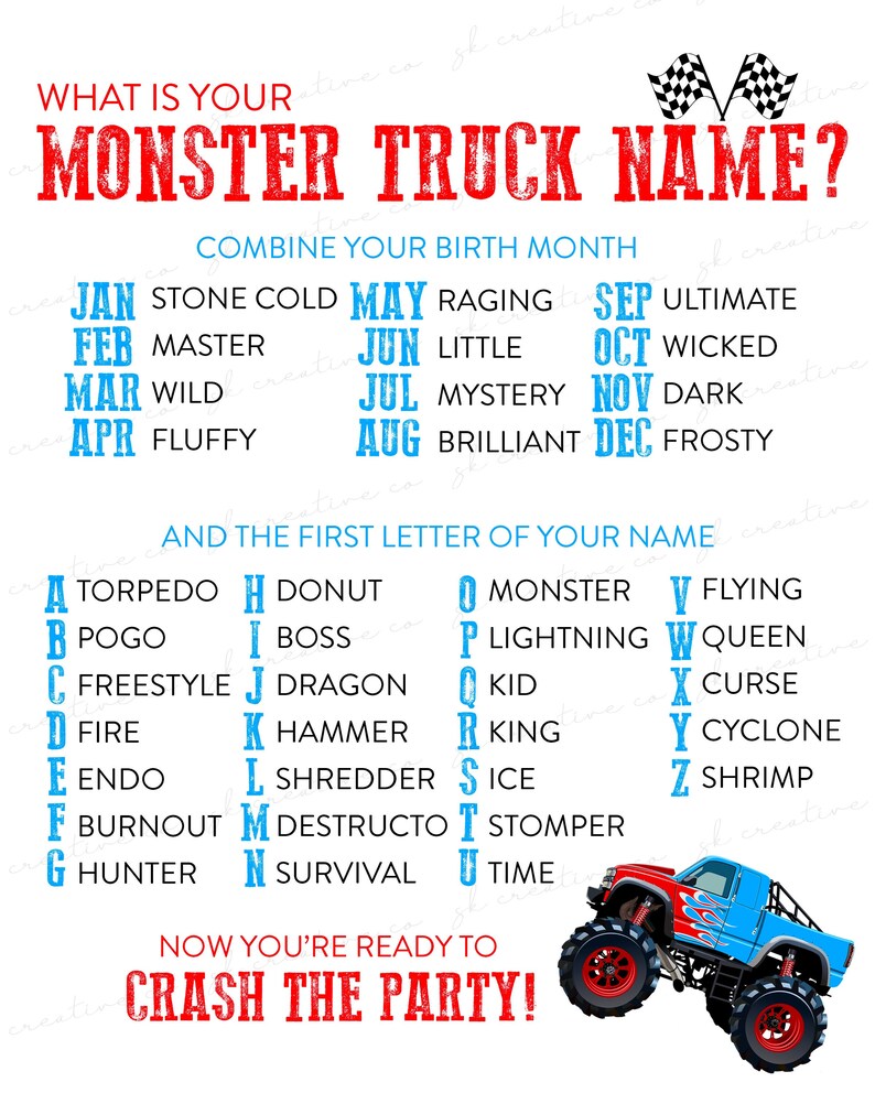 MONSTER TRUCK Name Game - Etsy