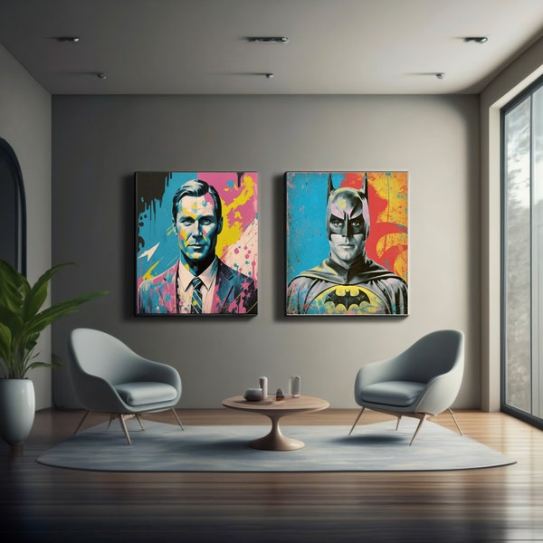 Batman and Bruce Wayne, Digital Pop Art, 1960s Superhero, The Caped Crusader, The Dark Knight, Gothams crime fighter, DC Comic art.