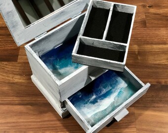 Wooden decorative box with resin and upcycled jewelry great gift idea!