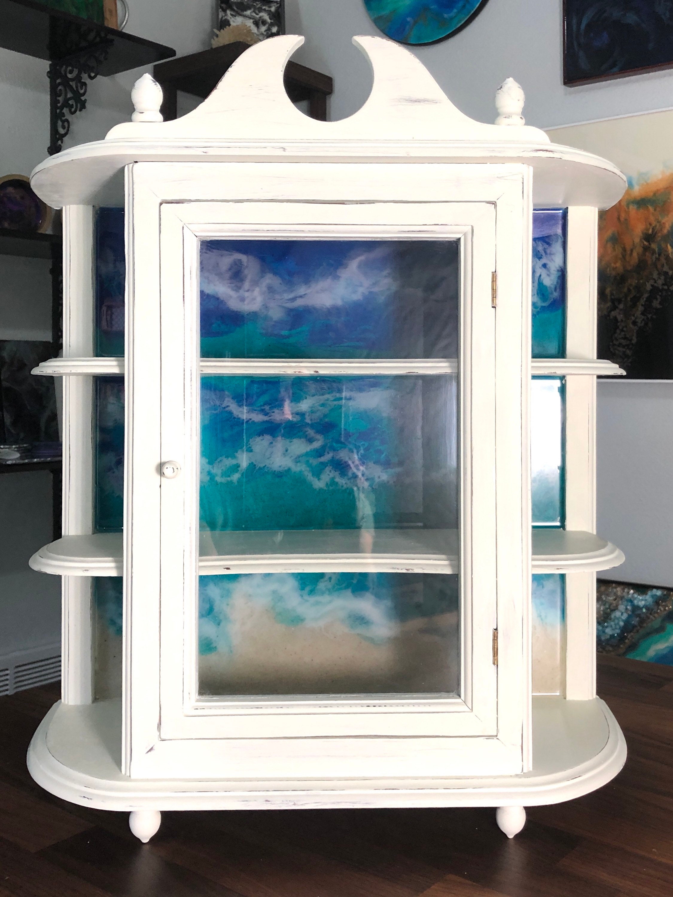 Coastal inspired curio cabinet white distress 3 shelf tropical | Etsy