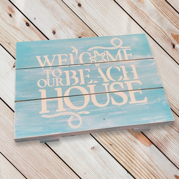 Welcome to Our Beach House sign, beach sign, welcome sign, entryway wood sign, coastal decor sign, blue ocean sign