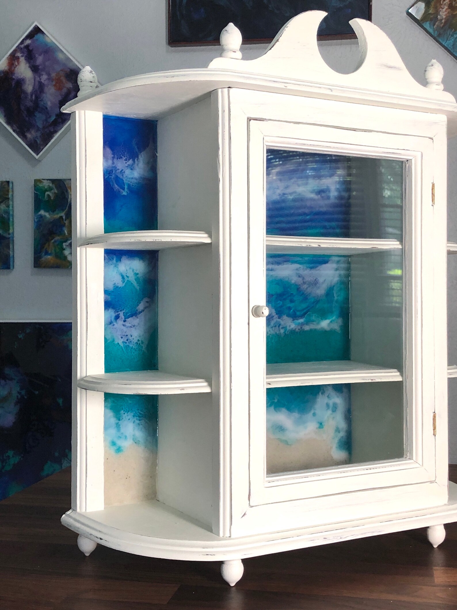 Coastal Inspired Curio Cabinet White Distress 3 Shelf Tropical | Etsy