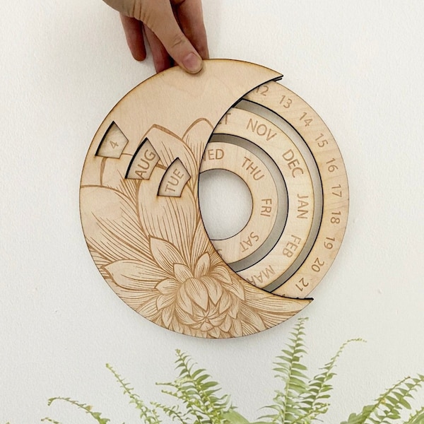 Engraved Birch Wood Perpetual Calendar: Moon & Dahlia Design
