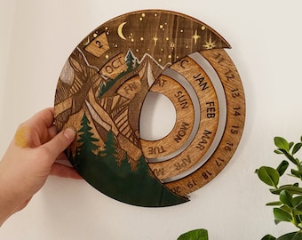 Perpetual Calendar Mountain Painting, 2023 Calendar, Forever Calendar, Wooden Hanging Calendar, Forest Painting, Moon Calendar