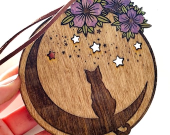 Floral Cat Moon Ornament: Hand-Painted Birch Wood Yule Decor