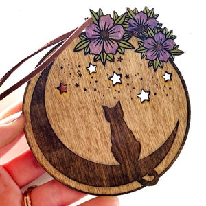 Cat and Moon Floral Ornament, Celestial Ornament, Cat Holiday Decor, Yule Cat