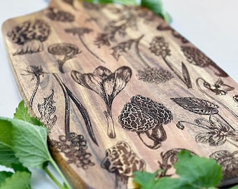 Foraged Plants Charcuterie Board, Botanical Serving Board, Engraved Cutting Board