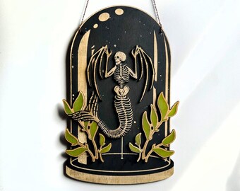 Mythical Mermaid Skeleton Dome: Birch Wood Oddities Decor