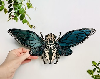 Hand Painted Cicada Wall Hanging: Black Birch Wood with Acrylic Wings