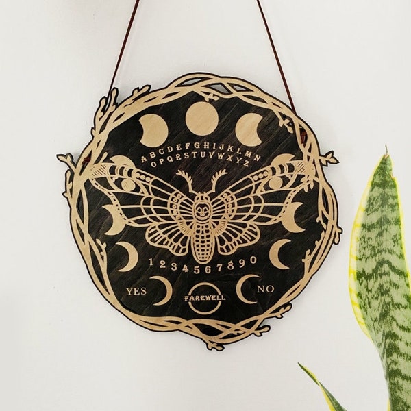 Moth Ouija Board Wall Hanging: Engraved Birch Wood Spirit Board