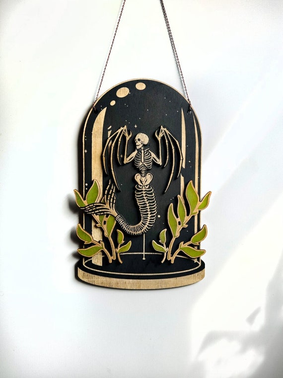 Mythical Mermaid Skeleton Dome: Birch Wood Oddities Decor