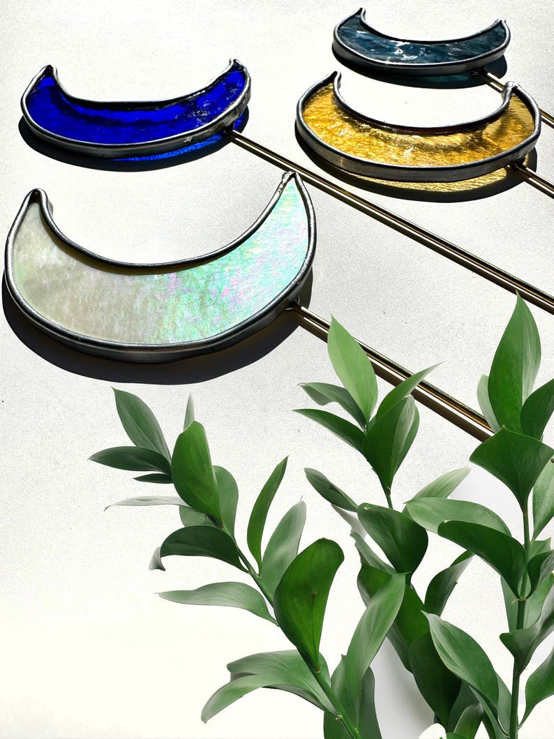 Crescent Moon Stained Glass Plant Stake, Celestial Decor, Plant ...