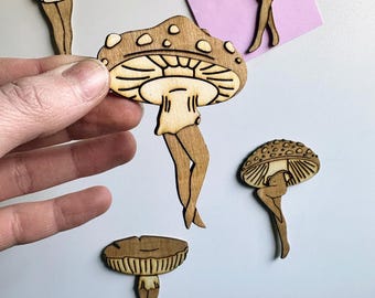 Mushroom Ladies Wooden Magnets: Cottagecore Kitchen Decor (Set of 5)