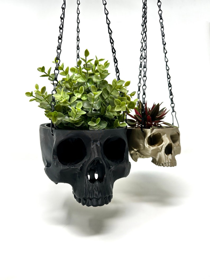 May include: Two hanging skull planters, one black and one gold, with green and red plants inside.