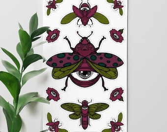 Eye-Blooms & Beetles Sticker Sheet: Waterproof Vinyl Decals (4"x7")
