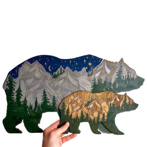Mountain and Forest Bear Wall Art, Engraved Wall Art, Hand Painted Wood Home Decor