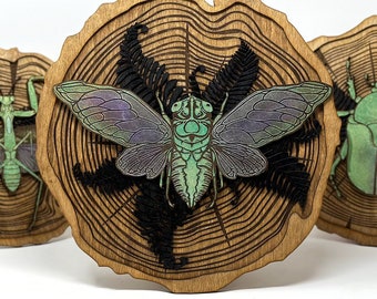 Hand Painted Cicada Wood Slice Wall Hanging: Color-Shift Insect Art
