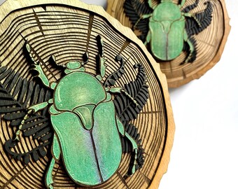 Hand Painted Scarab Beetle Wood Slice Wall Hanging: Color-Shift Insect Art