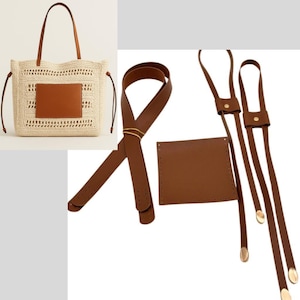May include: A cream-colored crocheted tote bag with brown leather handles and a central brown leather patch, accompanied by separate brown leather bag components including straps, a rectangular panel, and gold-toned hardware accents.