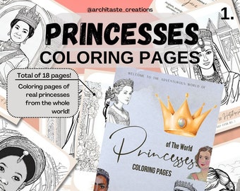 PRINCESSES of the world, COLORING PAGES, Famous real princesses, educational material for homeschool,school, krāsojamās lapas, komplekts