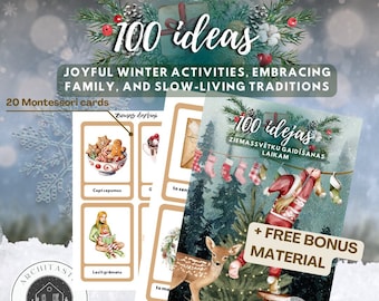 100 IDEAS Christmas Holiday Winter Activity Montessori flash cards, bonus free material, educational family fun guide in English, Latvian
