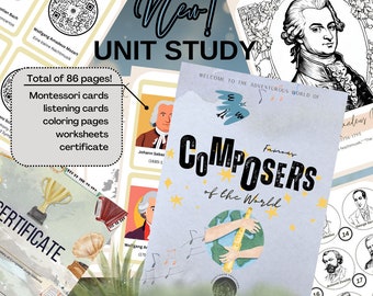 UNIT STUDY Famous COMPOSERS of the world, homeschool worksheets, Coloring pages, Montessori cards, komponisti, materiālu un uzdevumu krājums