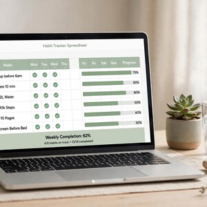 May include: A laptop screen displaying a Habit Tracker Spreadsheet with green accents. The table lists habits like Wake up before 6am and Drink 2L Water, with checkmarks for daily tasks and horizontal progress bars showing percentages.