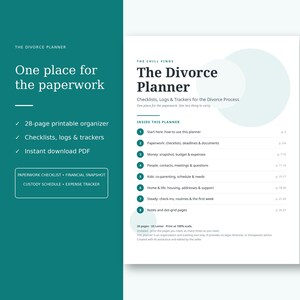Afdrukbare scheidingsplanner (pdf), scheidingsorganizer met checklist voor documenten, financieel overzicht, omgangsregeling, onkostenoverzicht