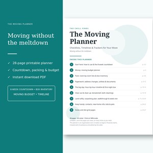 May include: A 28-page printable moving planner PDF featuring a teal sidebar with white text and a white page listing nine sections including checklists, timelines, and trackers for an 8-week countdown, budget, and box inventory.