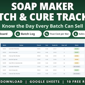 May include: A digital soap maker batch and cure tracker spreadsheet for Google Sheets. The interface displays columns for batch, recipe, poured date, cure time, ready date, days left, and status, with buttons for cure board and batch log.
