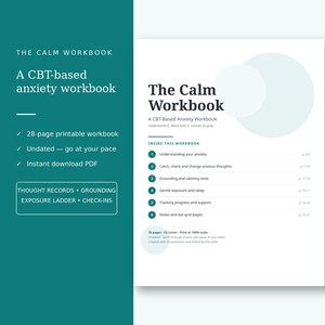 Puede incluir: Un cuaderno de ejercicios de ansiedad basado en TCC de 28 páginas titulado The Calm Workbook. El documento incluye secciones sobre la comprensión de la ansiedad, registros de pensamientos, herramientas de conexión y seguimiento en PDF.