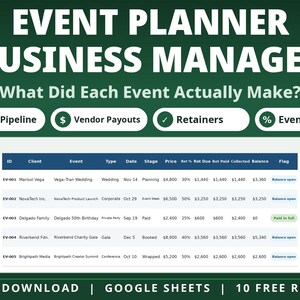 May include: Event Planner Business Manager spreadsheet template for Google Sheets. The interface displays a table with columns for ID, Client, Event, Type, Date, Stage, Price, Retainer percentage, Retainer due, Retainer paid, Collected, Balance, and Flag.