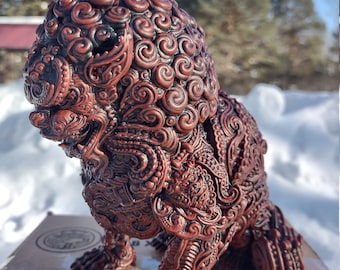 3D Printed Foo Lion Sculpture, Ancient Design (6.2 inches)