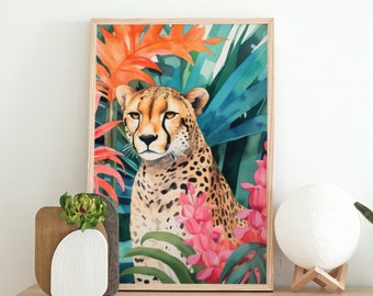Cheetah Art Print, Botanical Jungle Wall Art, Cat Painting Bohemian Decor