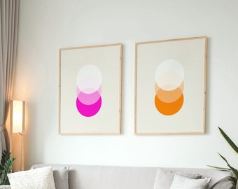 Set of 2 Abstract Prints, Pink and Orange Wall Art, Retro Graphic Prints - Orbit