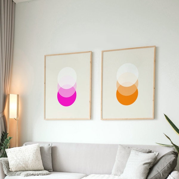 Set of 2 Abstract Prints, Pink and Orange Wall Art, Retro Graphic Prints - Orbit
