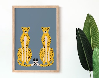 Romantic Cheetah Print for Bedroom, Blue Big Cat Art - Love Cats