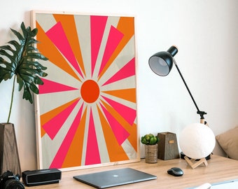 Large Abstract Sun Print, Pink and Orange Wall Art, Bold Decor, Sunburst Art