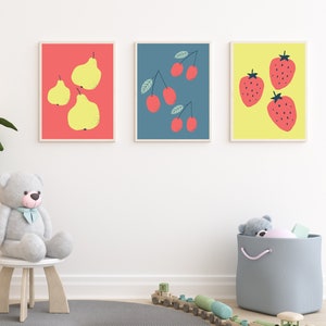 Set of 3 Fruit Prints, Nursery Wall Art Set, Colourful Kids Art  - Happy Fruit