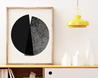 May include: A mid-century modern style wooden media console with a white drawer and open shelves. The console is decorated with a black and white geometric print, a yellow pendant light, and white decorative objects.