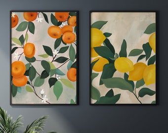 Set van 2 keukenafdrukken sinaasappel en citroen, muurkunst fruitgalerij, decor kleurrijk citrus