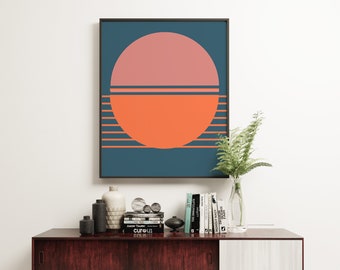 Sun Print, Mid Century Modern Wall Art, Coral and Blue Decor - Evening