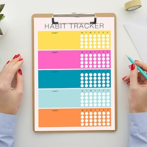 May include: A habit tracker with five colorful sections, each with a "HABIT" label and a grid of circles for tracking daily progress. The days of the week are labeled "M" through "S" across the top of each section.