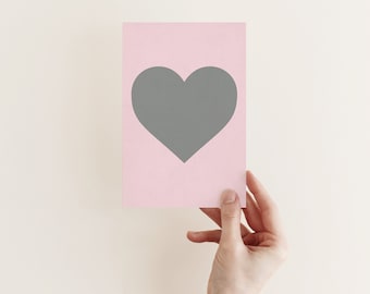 Love Heart Card, Contemporary Valentines Card - Grey Heart on Pink