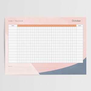Peut inclure: Un suivi des habitudes pour octobre avec un design abstrait rose et bleu. Le haut du suivi indique le mot "Octobre" et une rang&eacute;e de dates. Le suivi comporte une grille de cases pour suivre les habitudes, avec le mot "Habitude" &agrave; gauche.