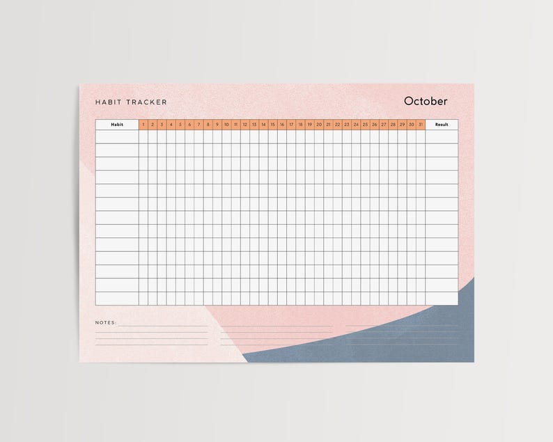 Peut inclure: Un suivi des habitudes pour octobre avec un design abstrait rose et bleu. Le haut du suivi indique le mot "Octobre" et une rang&eacute;e de dates. Le suivi comporte une grille de cases pour suivre les habitudes, avec le mot "Habitude" &agrave; gauche.