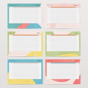 Peut inclure: Six feuilles de suivi des habitudes, une pour chaque mois de janvier &agrave; juin. Chaque feuille pr&eacute;sente une grille pour le suivi des habitudes, avec un en-t&ecirc;te et des formes abstraites color&eacute;es.