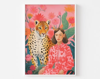 Leopard und Mädchen Porträt Kunstdruck, Dschungel Katze Wandkunst, Katzenmalerei Boho Dekor